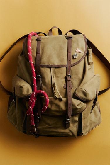 COTTON AND LEATHER BACKPACK - Brown / Green by Zara