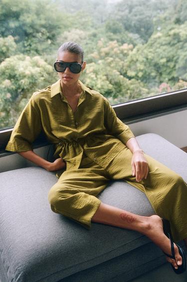 LINEN BLEND SAFARI SHIRT WITH DRAWSTRINGS - Oil by Zara