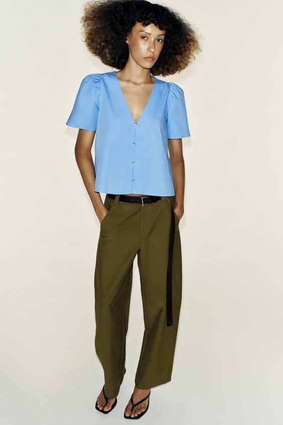 POPLIN TOP WITH FAUX PEARL BUTTONS - Sky blue by Zara - Image 0