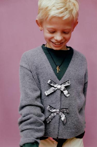 CARDIGAN WITH V-NECK AND SHINY BOWS - Grey by Zara