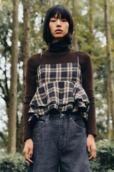 CHECKED TOP WITH RUFFLE TRIMS - Brown-Blue by Zara