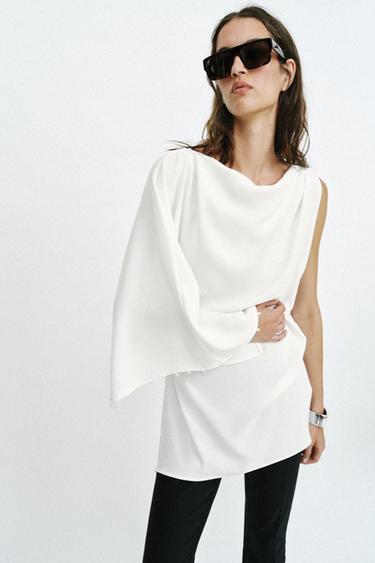 ASYMMETRIC FAUX PEARL TUNIC BLOUSE - Oyster-white by Zara