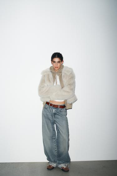 SHORT FAUX FUR COAT WITH ZIP - Grey by Zara