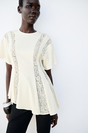 LACE DETAIL T-SHIRT - Cream by Zara