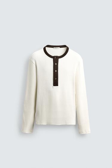 RIBBED HENLEY T-SHIRT - Oyster-white by Zara