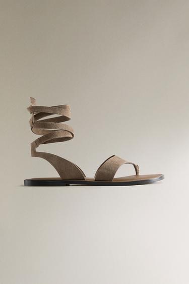 LEATHER SANDALS WITH ANKLE STRAPS - Brown by Zara