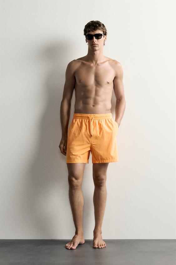 LONG-LENGTH WASHED-EFFECT SWIMMING TRUNKS - Tangerine by Zara - Image 0