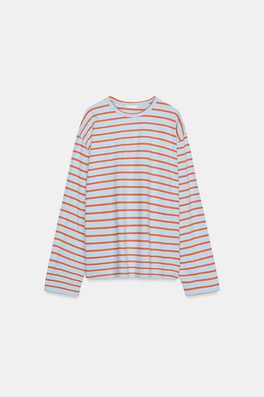 STRIPED COTTON AND LINEN T-SHIRT - Pastel blue by Zara