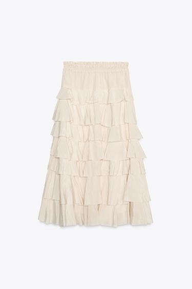 ZW COLLECTION MIDI SKIRT WITH RUFFLES - Beige / Green by Zara