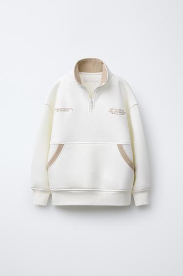 EMBROIDERED QUARTER-ZIP SWEATSHIRT - Ecru by Zara - Image 0