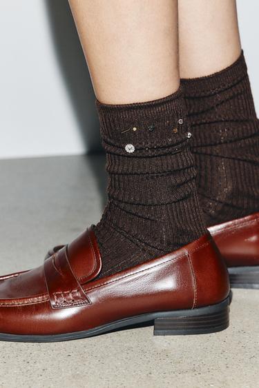 WOOL SOCKS WITH JEWELS AND BEADS - Brown by Zara