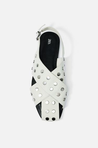 FLAT LEATHER CAGE SANDALS WITH STUDS - White by Zara