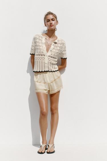 POINTELLE KNIT SHORT SLEEVE CARDIGAN - Black / White by Zara