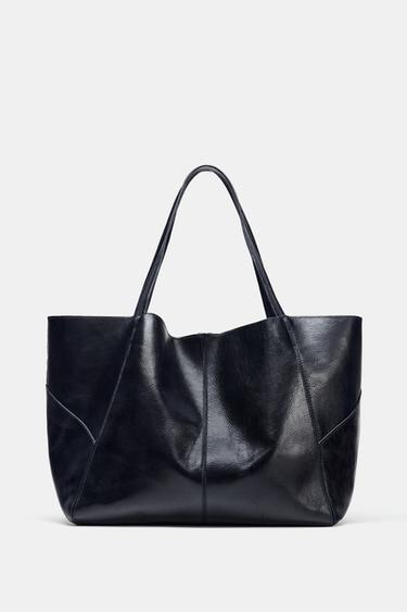 LEATHER MAXI TOTE BAG - Navy Blue by Zara