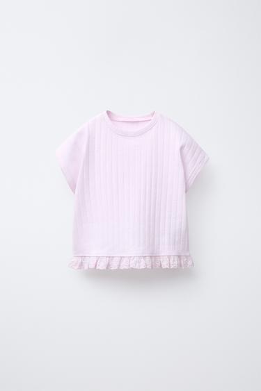 JACQUARD T-SHIRT WITH SWISS EMBROIDERY - Pink / Mauve by Zara