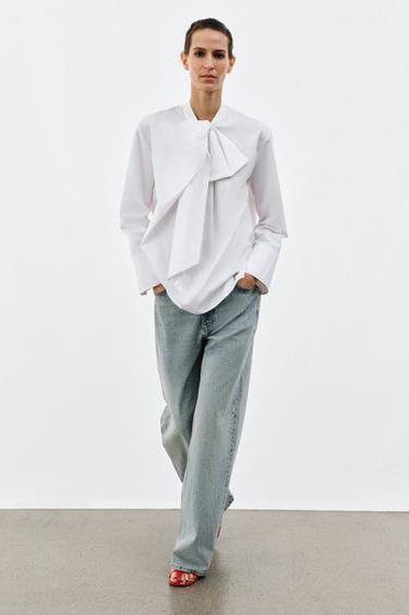 ZW COLLECTION POPLIN SHIRT WITH TIE DETAIL - White by Zara