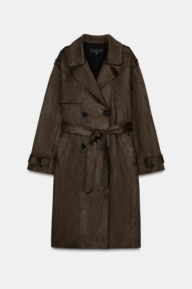 LONG FAUX SUEDE TRENCH COAT WITH BELT - Light khaki by Zara