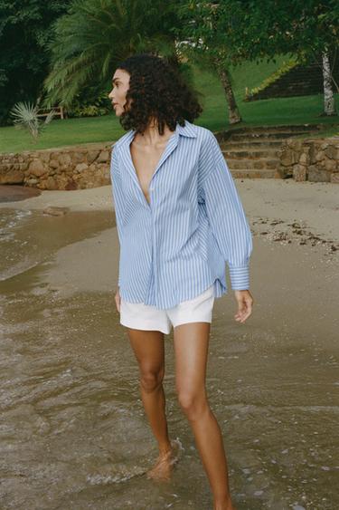 BASIC POPLIN SHIRT - Blue/White by Zara