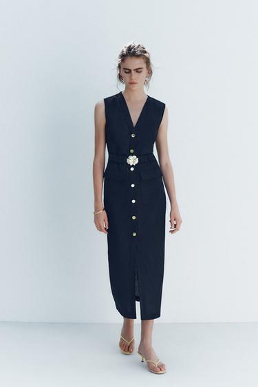MIDI DRESS WITH LINEN BLEND BELT - Navy blue by Zara
