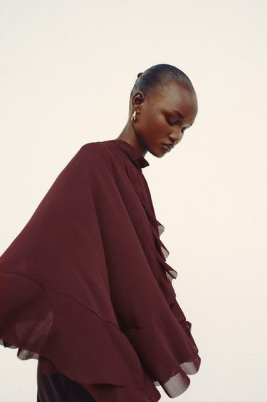 RUFFLED CAPE WITH TIE FASTENING - Burgundy by Zara - Image 0