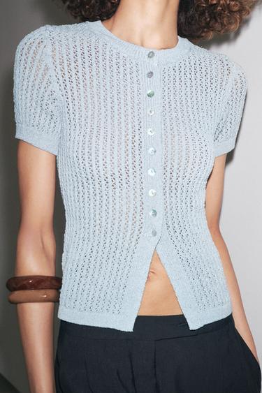 POINTELLE KNIT TOP - Light blue by Zara