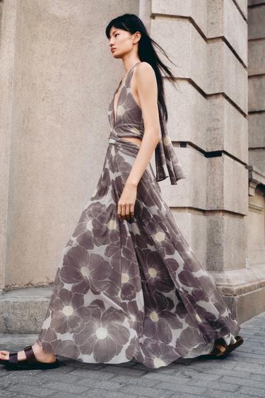 CUT-OUT PRINTED TULLE LONG DRESS - Taupe grey by Zara