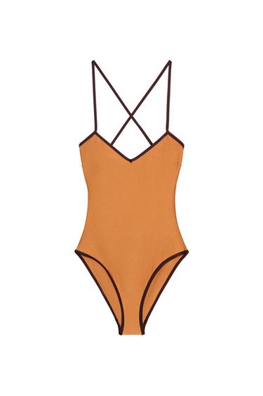 SATIN SWIMSUIT WITH CONTRAST TRIMS - Burnt orange by Zara