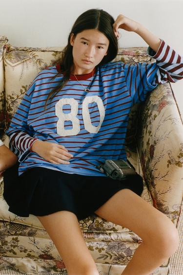 STRIPED NUMBER PATCH T-SHIRT - Light blue by Zara
