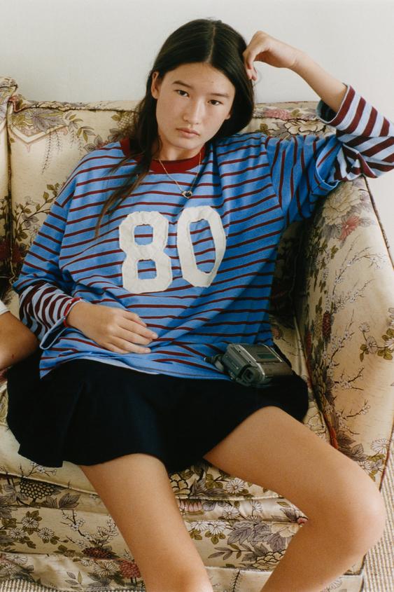 STRIPED NUMBER PATCH T-SHIRT - Light blue by Zara - Image 0