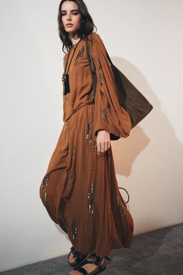 BEADED DRESS ZW COLLECTION - Ochre by Zara
