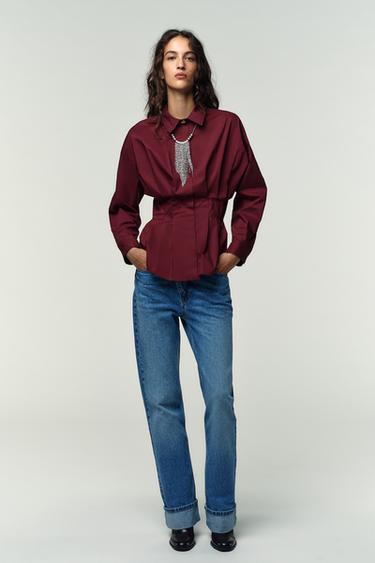POPLIN SHIRT WITH PLEATS - Burgundy by Zara