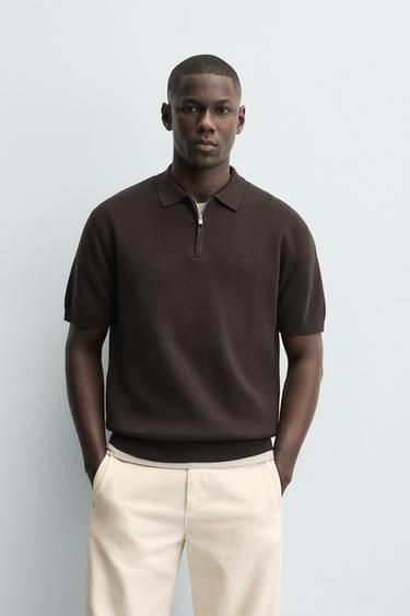 KNITTED POLO SHIRT WITH ZIP - Chocolate by Zara
