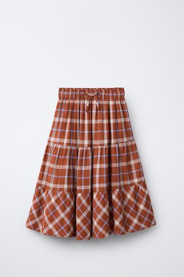 CHECKS PANELLED MIDI SKIRT - Brick by Zara