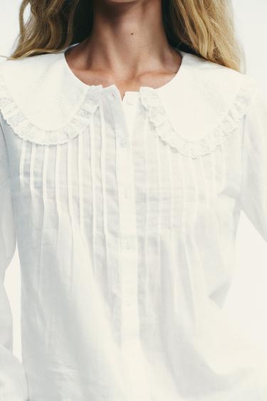 EMBROIDERED PETER PAN COLLAR SHIRT - Oyster-white by Zara