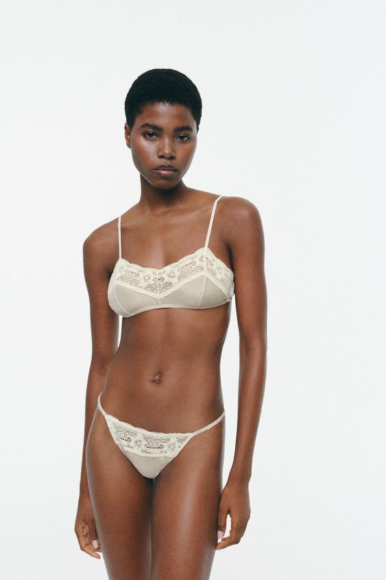 100% SILK LACE THONG - Ecru by Zara - Image 0