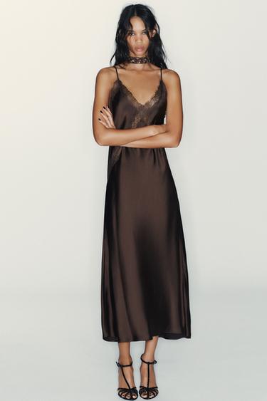 SATIN LACE MIDI DRESS - Leather by Zara