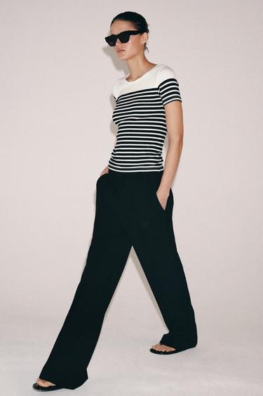 STRIPED SHORT SLEEVE T-SHIRT - Ecru / Blue by Zara