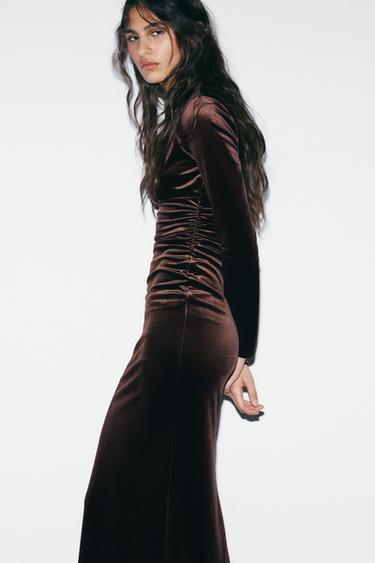 DRAPED VELVET MIDI DRESS - Dark brown by Zara