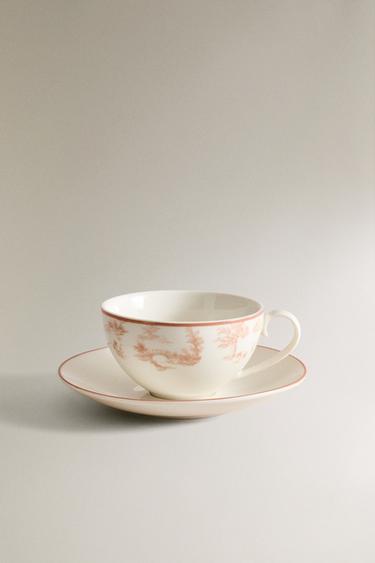 TOILE DE JOUY PORCELAIN TEACUP AND SAUCER - Pink / White by Zara