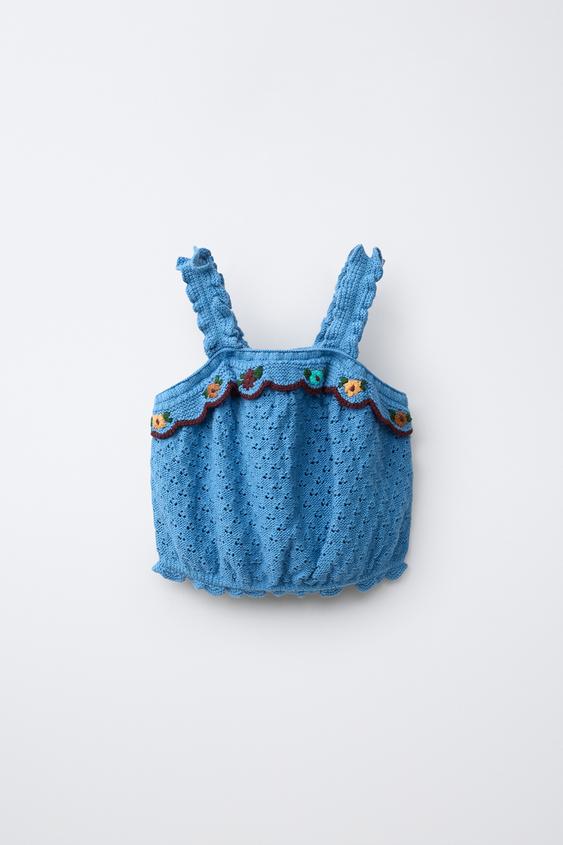KNIT TOP WITH RUFFLE AND EMBROIDERY WITH COTTON BLEND AND LINEN - Bluish by Zara - Image 0