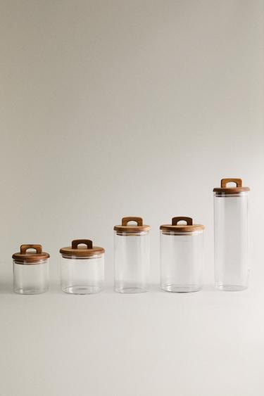 BOROSILICATE GLASS AND WOOD STORAGE JAR - Light beige by Zara