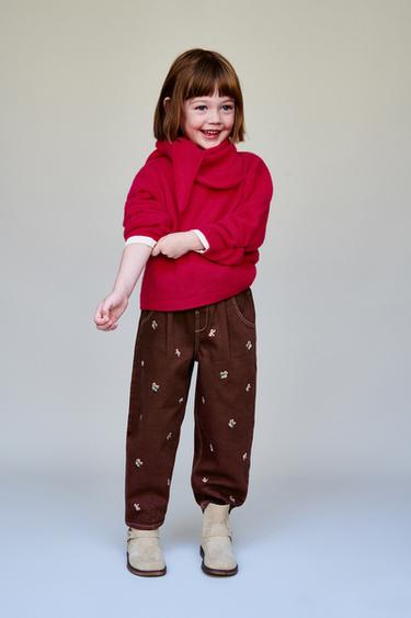 EMBROIDERED FLORAL TWILL BAGGY TROUSERS - Burgundy by Zara