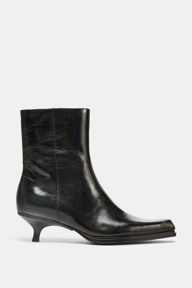 LEATHER KITTEN HEEL ANKLE BOOTS - Brown by Zara