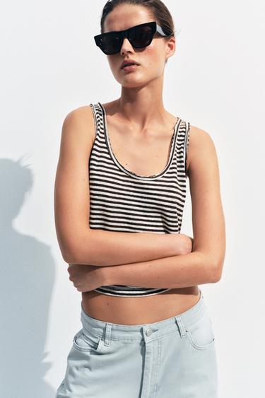 STRIPED COTTON AND LINEN TOP - Ecru / Brown by Zara