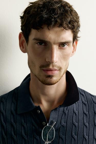 CABLE KNIT POLO SHIRT - Navy blue by Zara