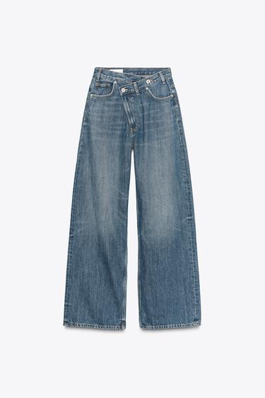 TRF WIDE-LEG HIGH-WAIST JEANS WITH CROSSOVER WAIST - Blue / Grey by Zara