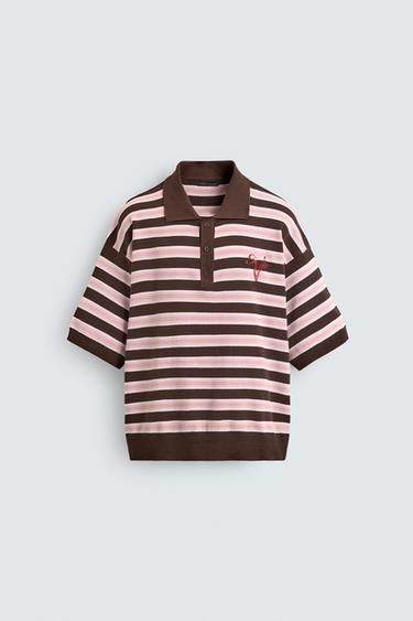 JACQUARD STRIPED KNIT POLO SHIRT - Chocolate by Zara