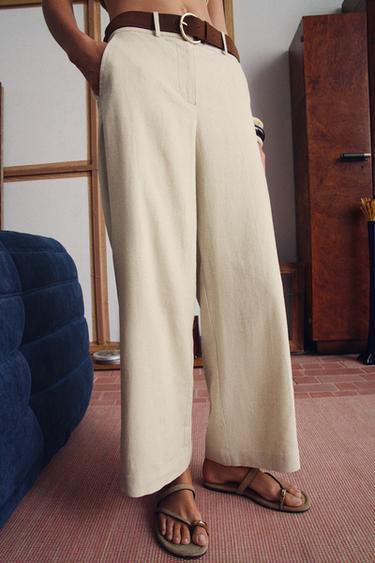 LINEN BLEND CULOTTES WITH BELT - Light beige by Zara