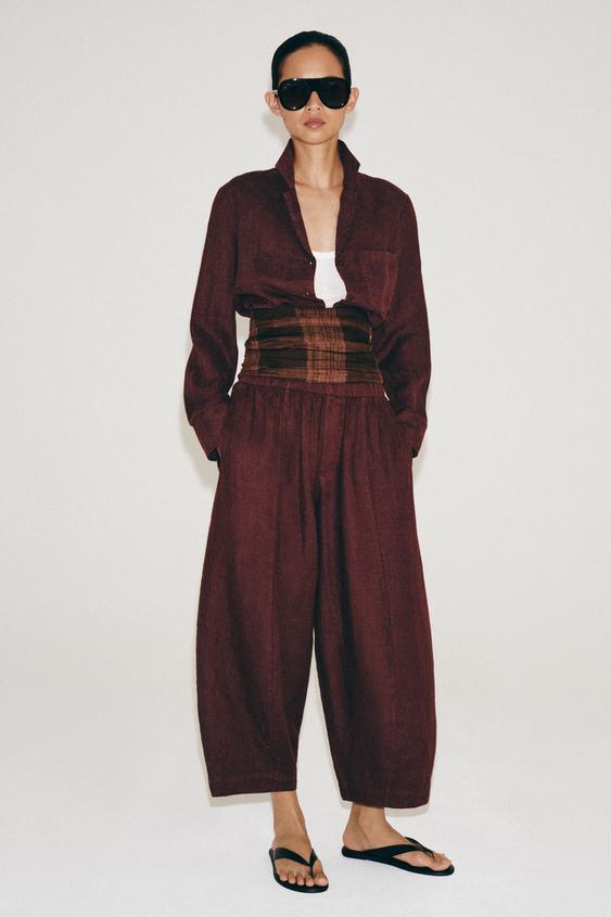 ZW COLLECTION 100% LINEN BARREL TROUSERS - Wine by Zara - Image 0
