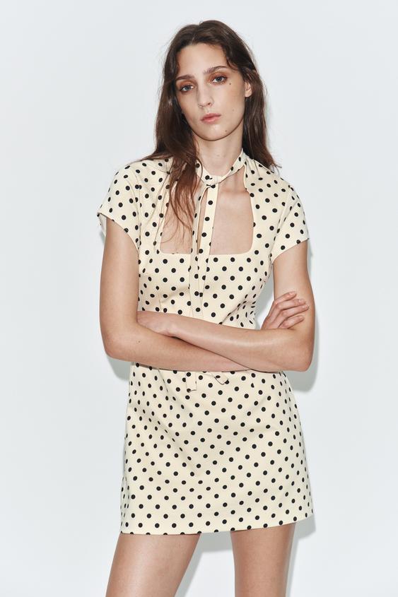 POLKA DOT SHORT DRESS WITH TIE DETAIL - Ecru / Black by Zara - Image 0